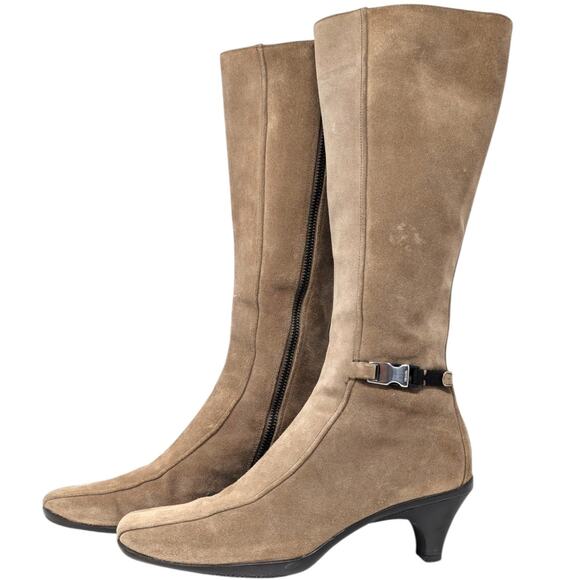 Prada Tan Suede Knee High Boots 37.5 Made in Italy Buckle Detail Heeled Luxury - Picture 10 of 11